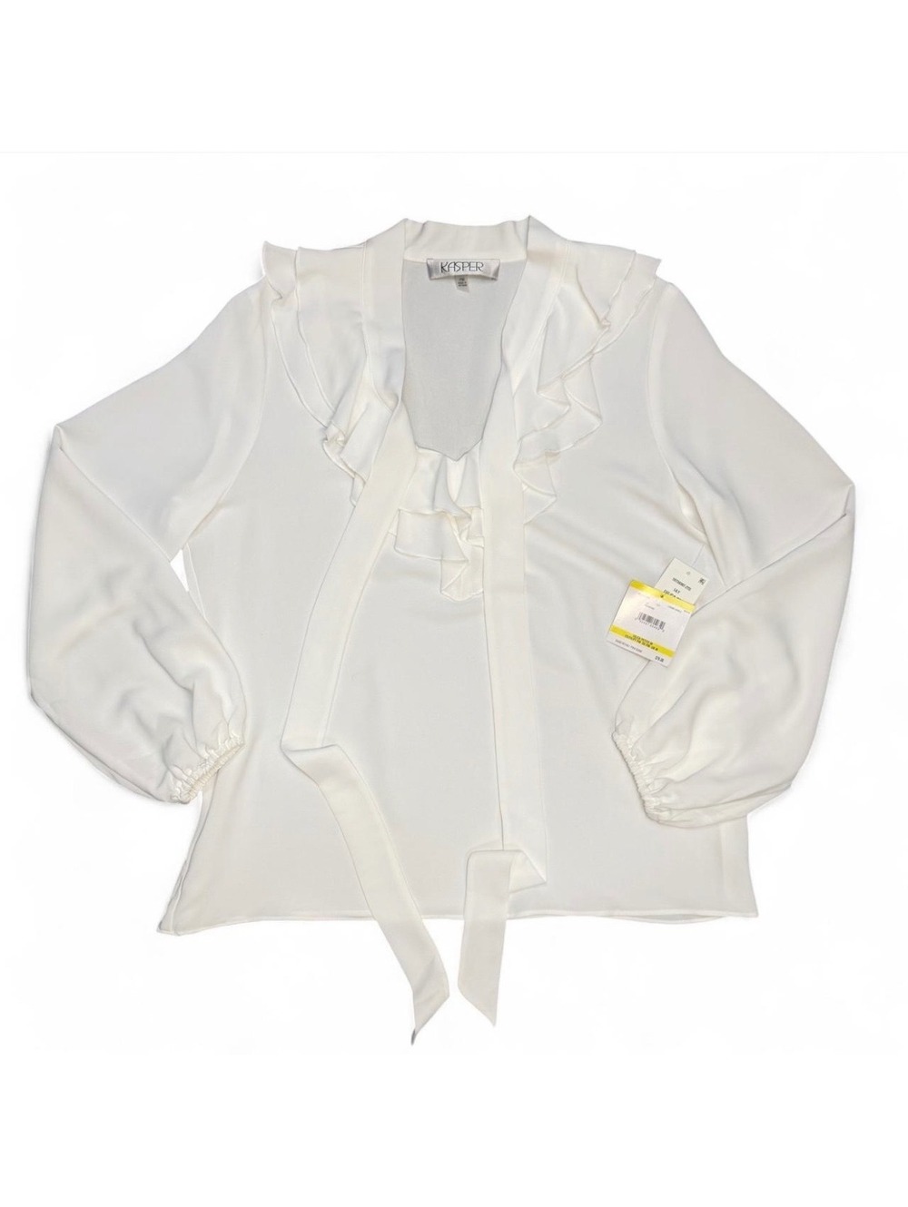 Women’s Kasper White Ruffled Tie Neck Long Sleeve Blouse Size Petite M